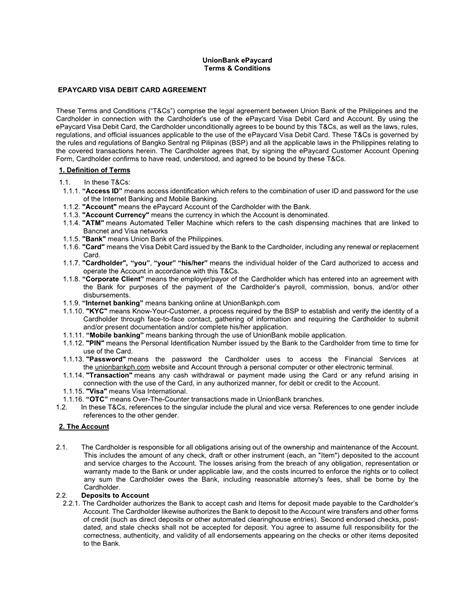 Terms & Conditions EPAYCARD VISA DEBIT CARD AGREEMENT .